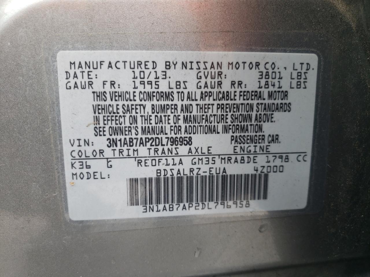 Photo 10 from auction – 2013 NISSAN SENTRA SR with VIN 3N1AB7AP2DL796958