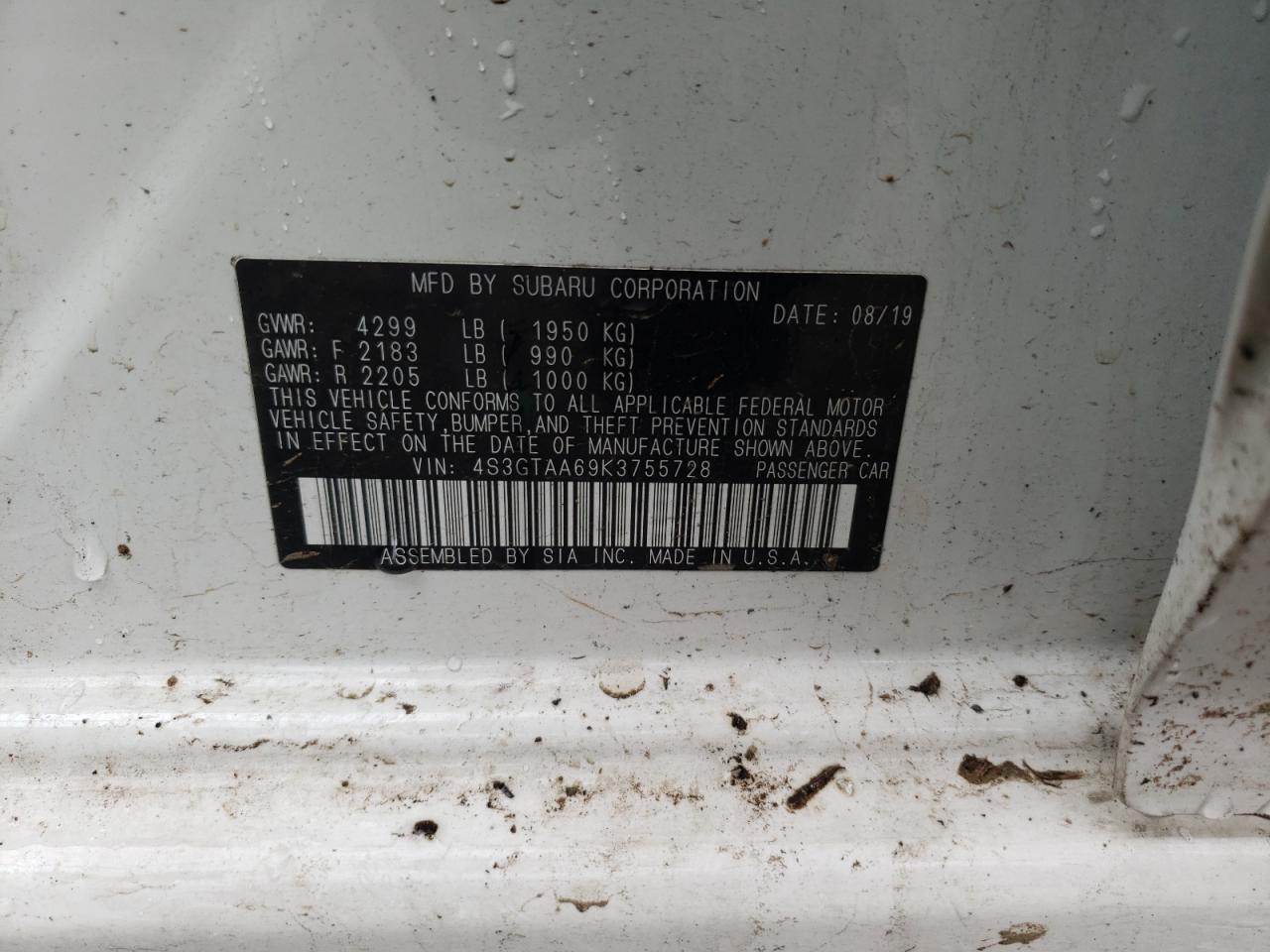 Photo 10 from auction – 2019 SUBARU IMPREZA with VIN 4S3GTAA69K3755728