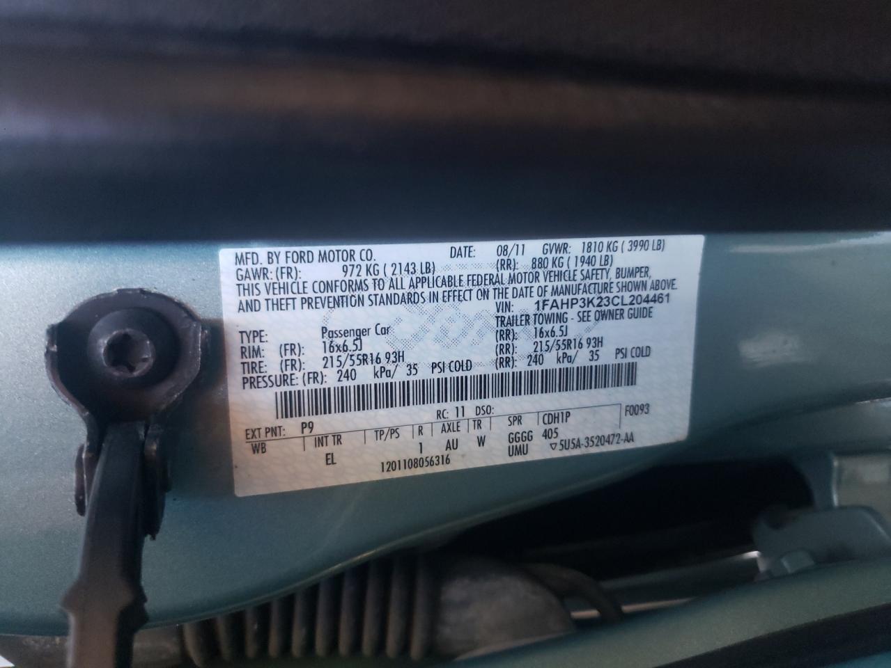 Photo 10 from auction – 2012 FORD FOCUS SE with VIN 1FAHP3K23CL204461