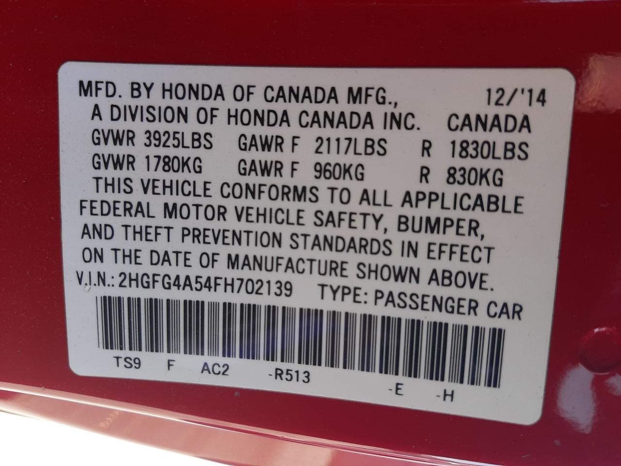 Photo 10 from auction – 2015 HONDA CIVIC SI with VIN 2HGFG4A54FH702139
