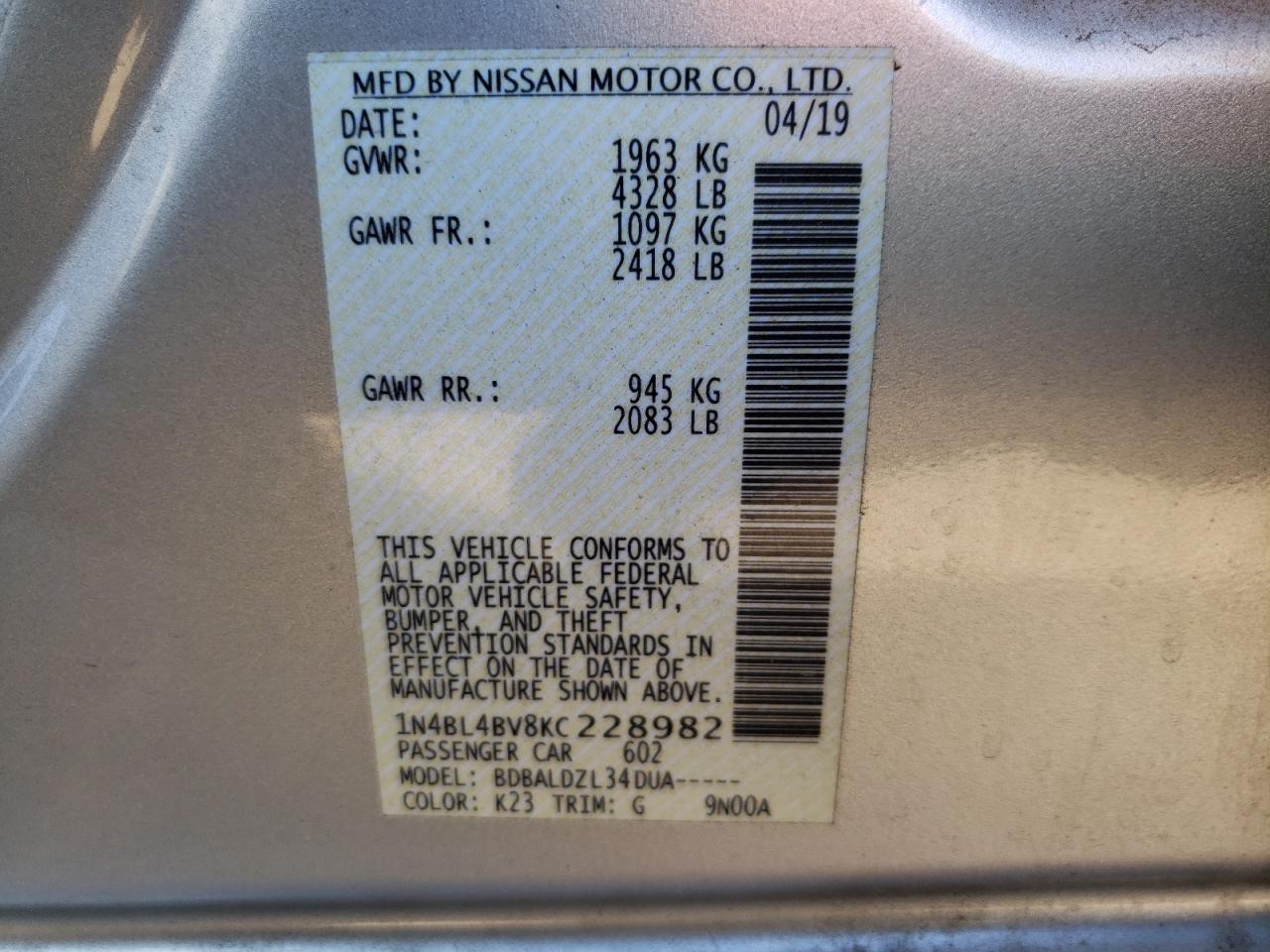 Photo 10 from auction – 2019 NISSAN ALTIMA EDI with VIN 1N4BL4BV8KC228982