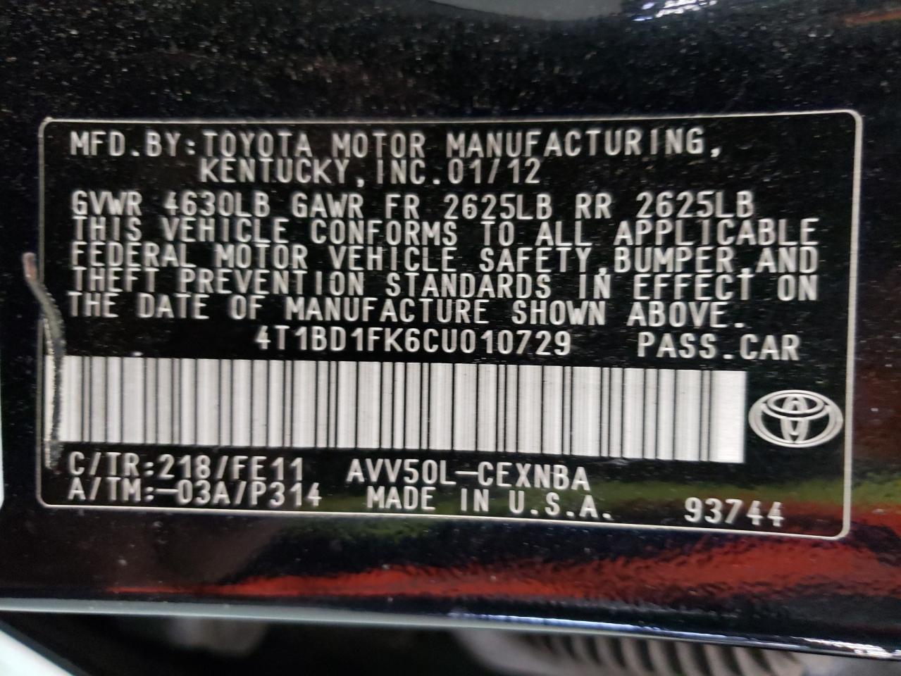 Photo 10 from auction – 2012 TOYOTA CAMRY HYBR with VIN 4T1BD1FK6CU010729