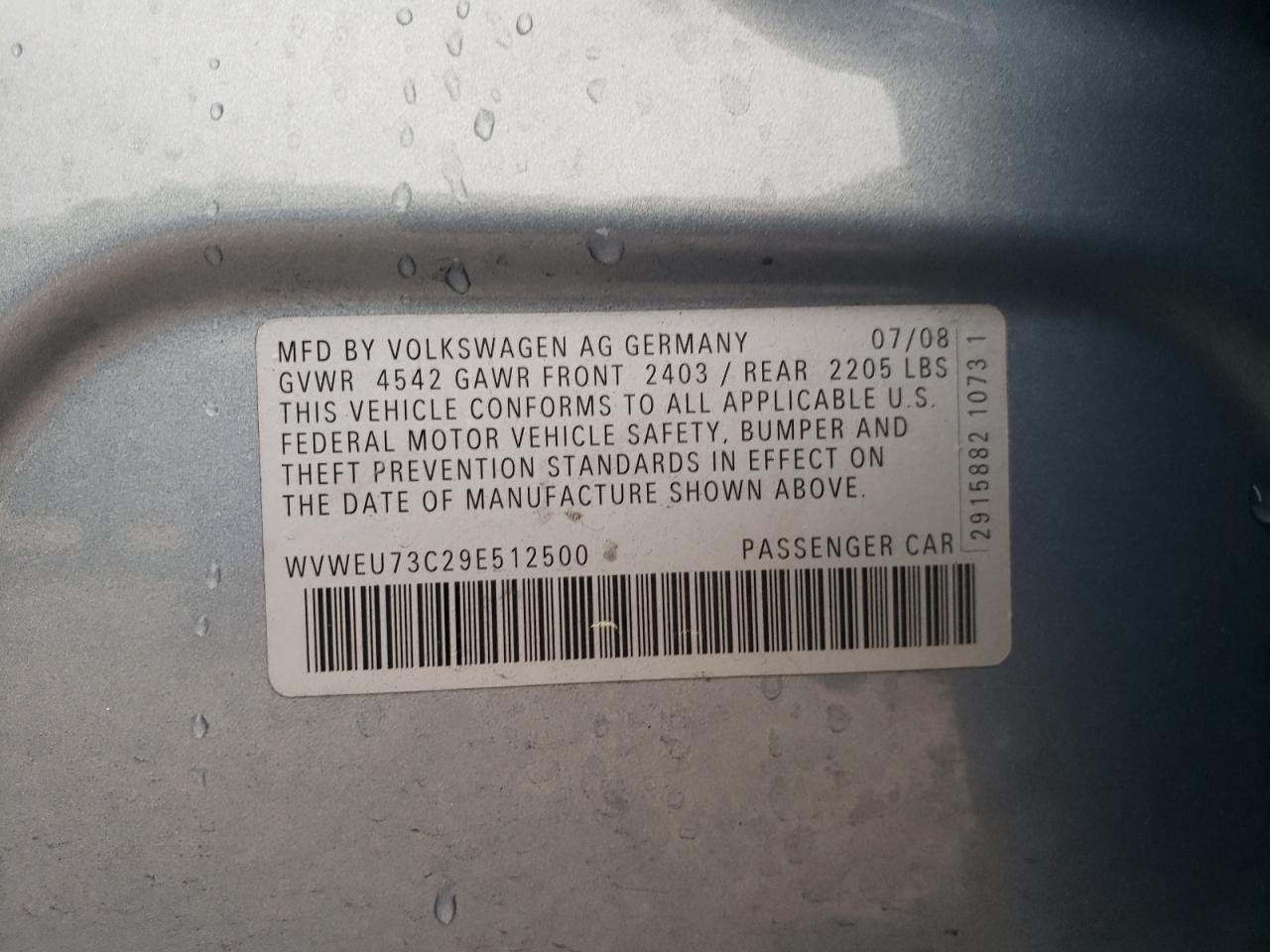 Photo 10 from auction – 2009 VOLKSWAGEN CC with VIN WVWEU73C29E512500