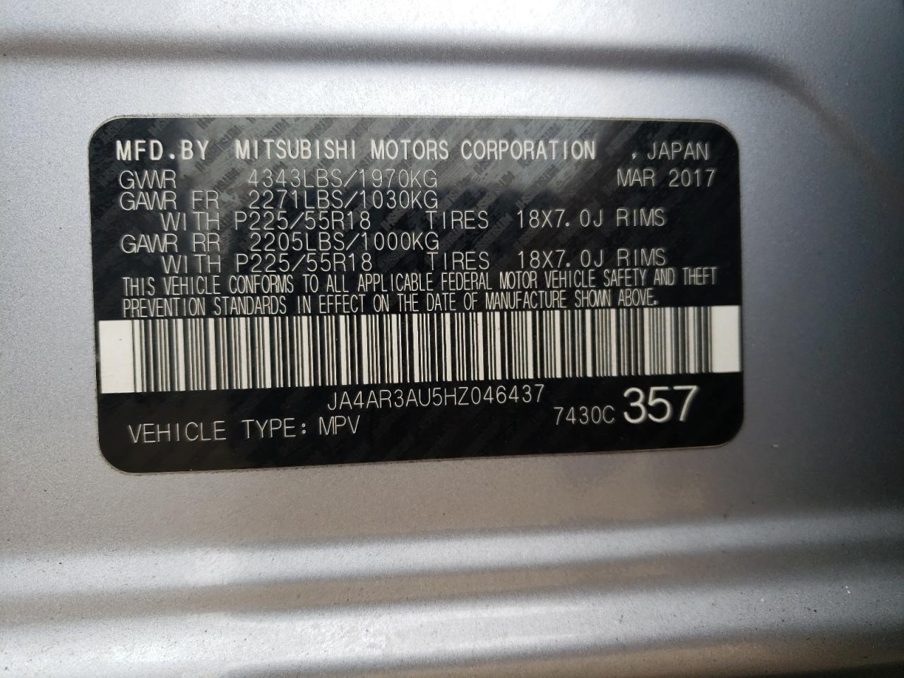 Photo 10 from auction – 2017 MITSUBISHI OUTLANDER with VIN JA4AR3AU5HZ046437
