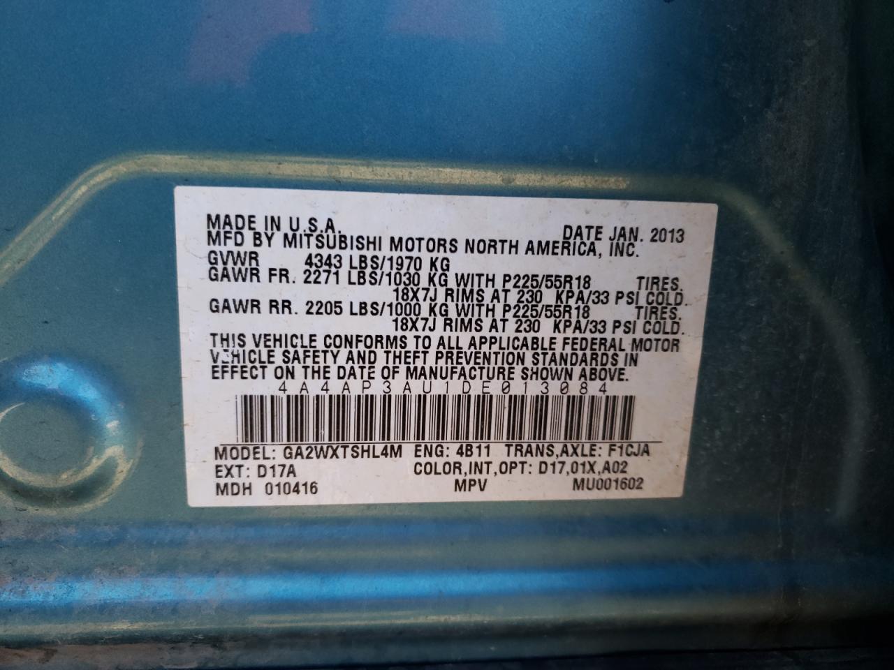 Photo 10 from auction – 2013 MITSUBISHI OUTLANDER with VIN 4A4AP3AU1DE013084