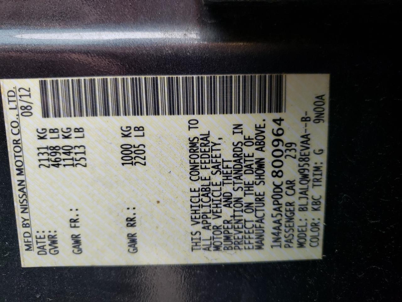Photo 10 from auction – 2013 NISSAN MAXIMA S with VIN 1N4AA5AP0DC800964