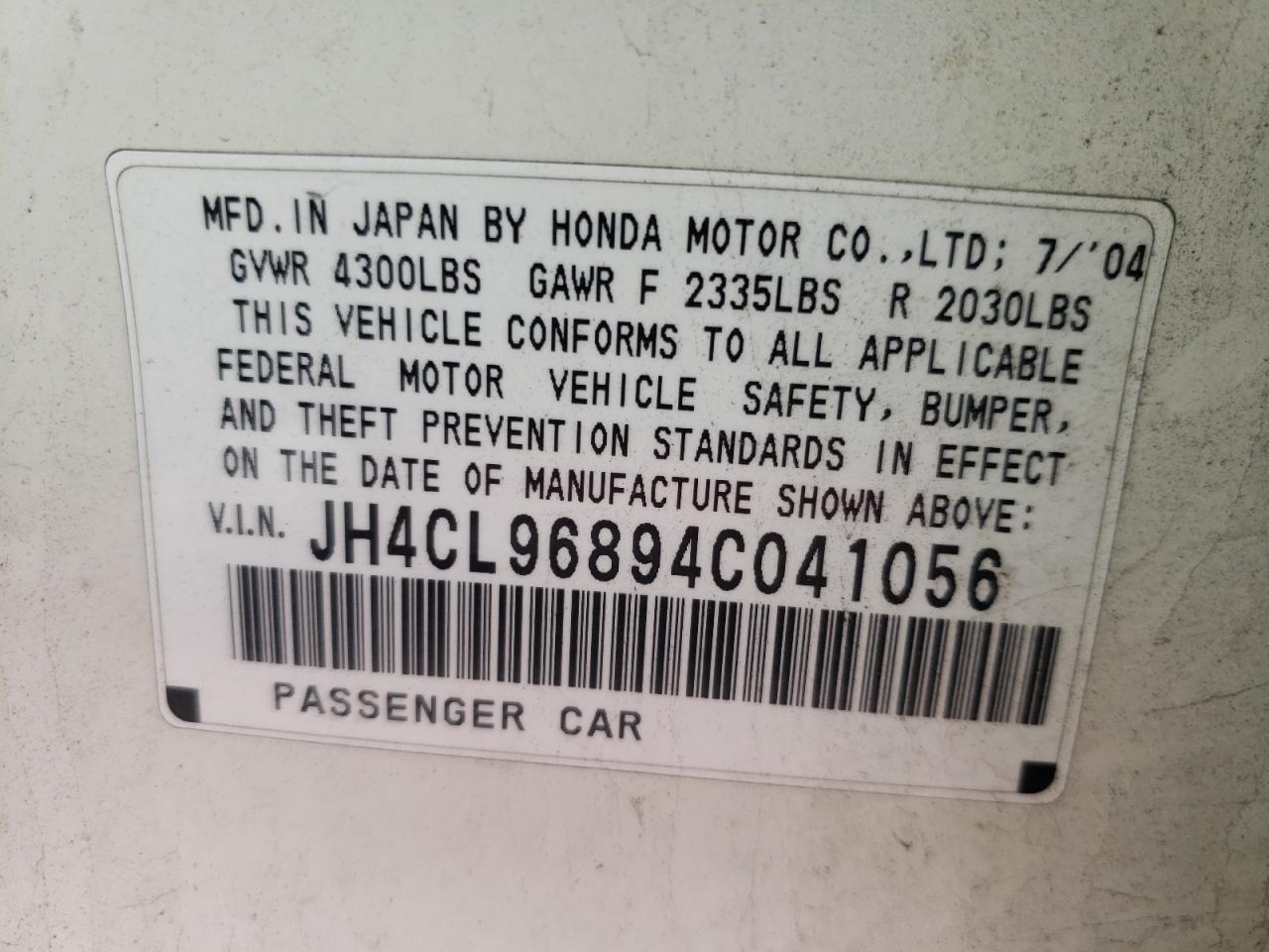 Photo 10 from auction – 2004 ACURA TSX with VIN JH4CL96894C041056