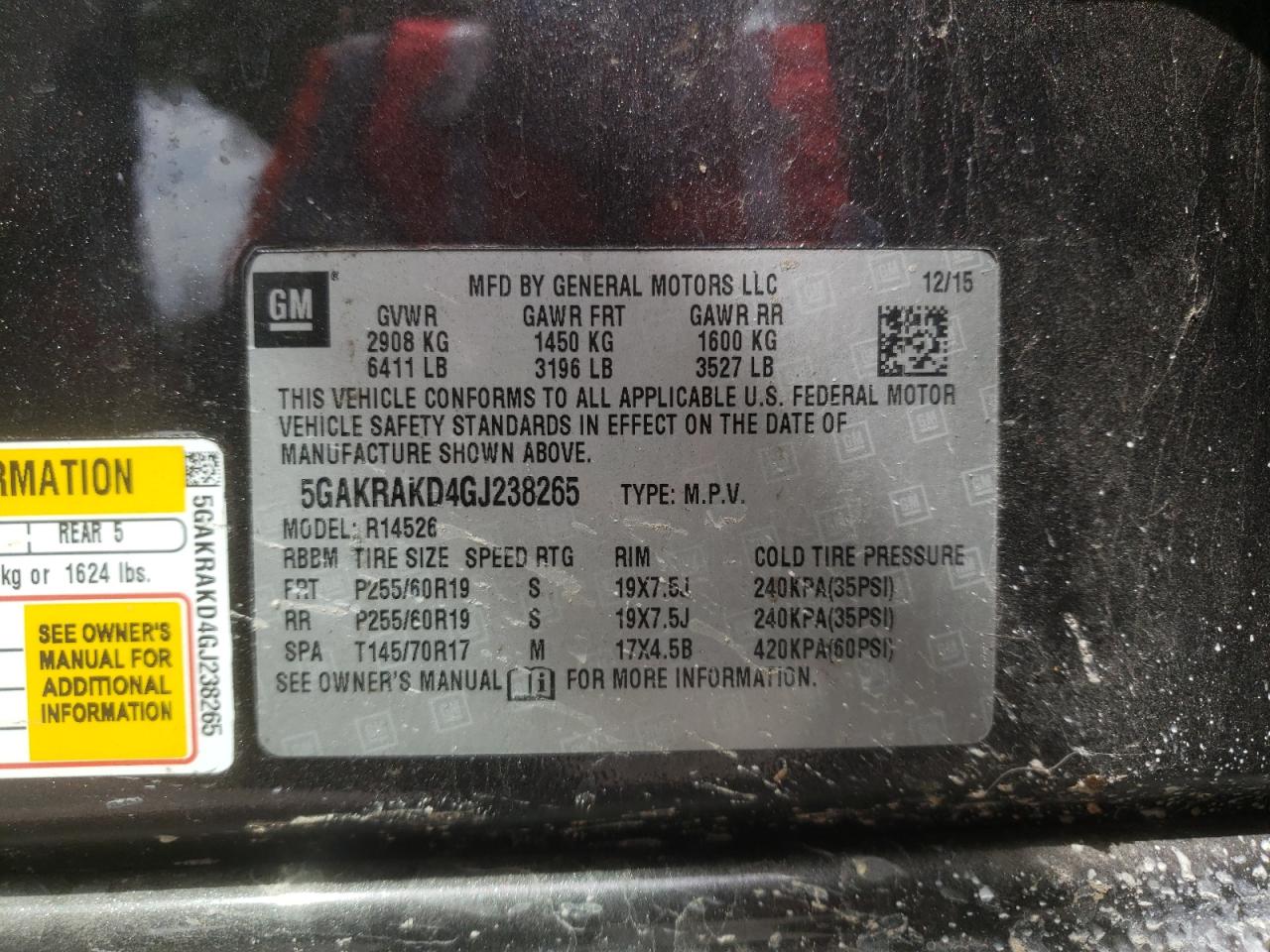 Photo 10 from auction – 2016 BUICK ENCLAVE with VIN 5GAKRAKD4GJ238265