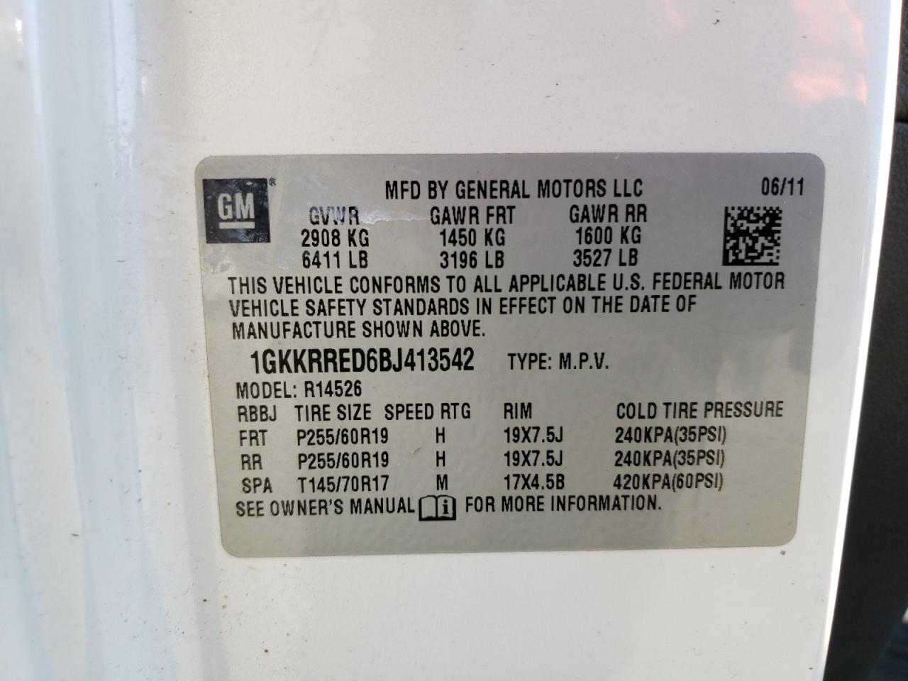 Photo 10 from auction – 2011 GMC ACADIA SLT with VIN 1GKKRRED6BJ413542
