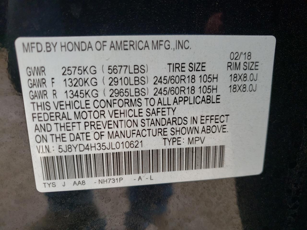 Photo 10 from auction – 2018 ACURA MDX with VIN 5J8YD4H35JL010621