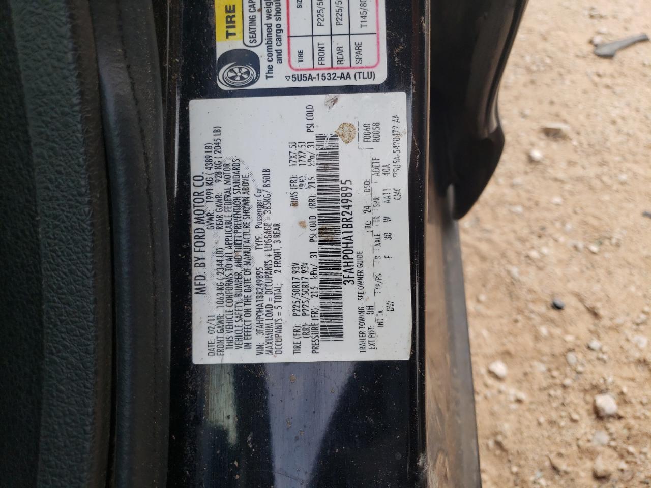 Photo 10 from auction – 2011 FORD FUSION SE with VIN 3FAHP0HA1BR249895
