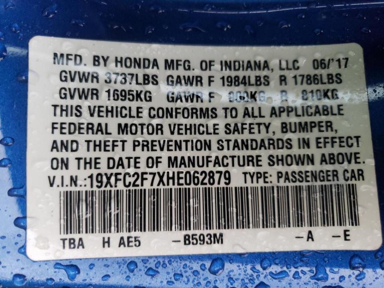 Photo 10 from auction – 2017 HONDA CIVIC EX with VIN 19XFC2F7XHE062879
