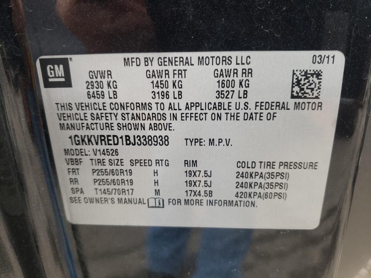 Photo 10 from auction – 2011 GMC ACADIA SLT with VIN 1GKKVRED1BJ338938