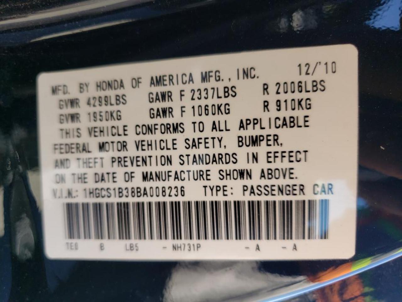 Photo 10 from auction – 2011 HONDA ACCORD LX- with VIN 1HGCS1B38BA008236