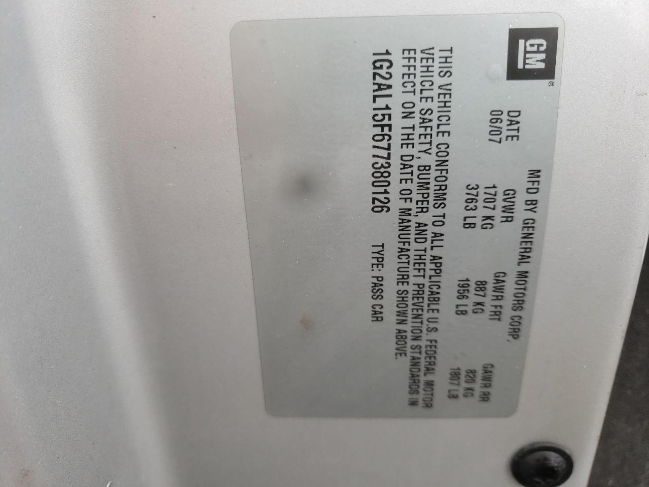 Photo 10 from auction – 2007 PONTIAC G5 with VIN 1G2AL15F677380126