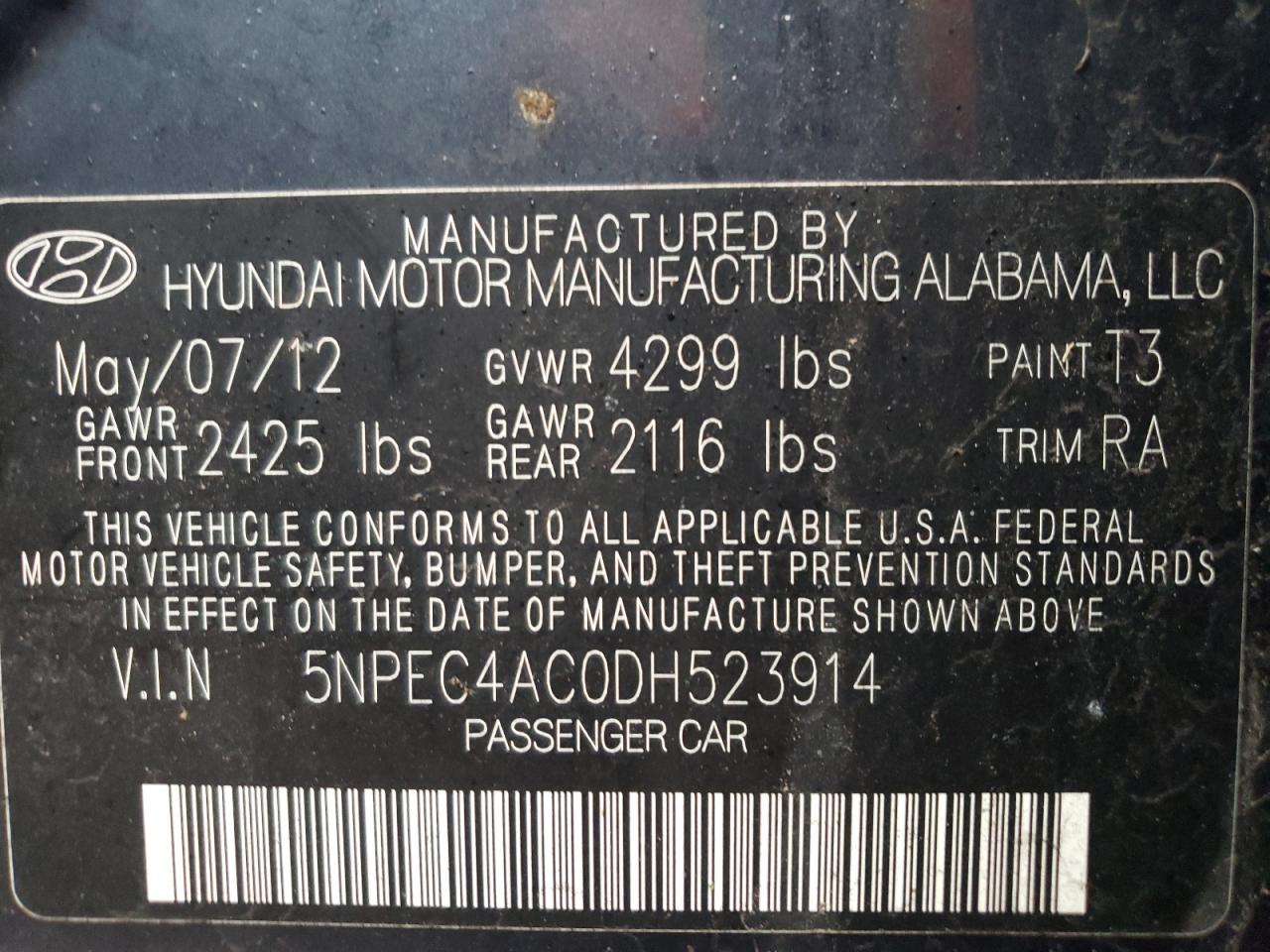 Photo 10 from auction – 2013 HYUNDAI SONATA SE with VIN 5NPEC4AC0DH523914