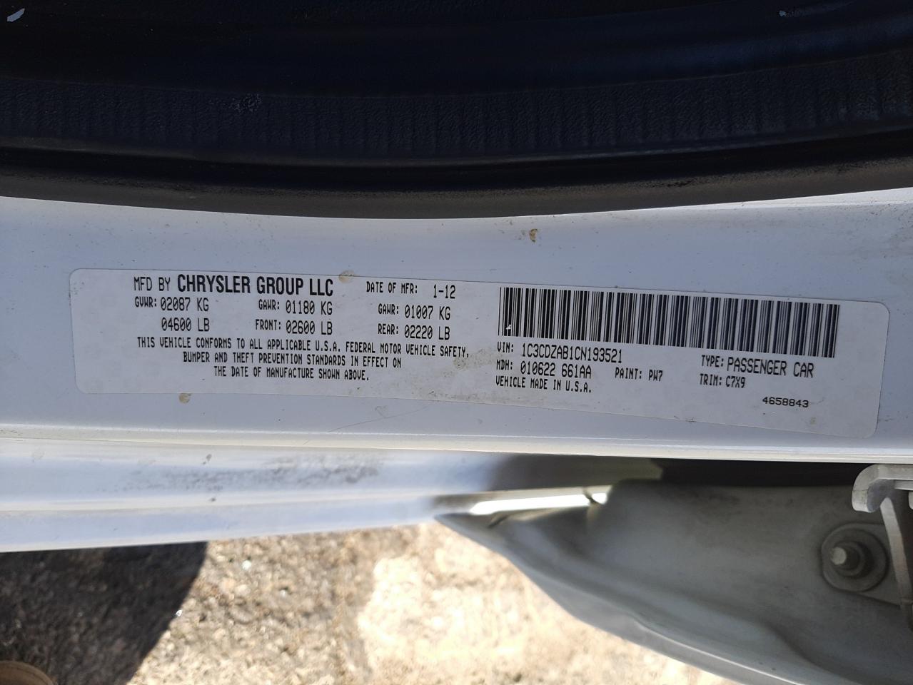 Photo 10 from auction – 2012 DODGE AVENGER SE with VIN 1C3CDZAB1CN193521