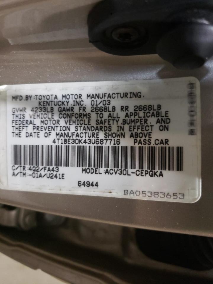 Photo 10 from auction – 2003 TOYOTA CAMRY LE with VIN 4T1BE30K43U687716
