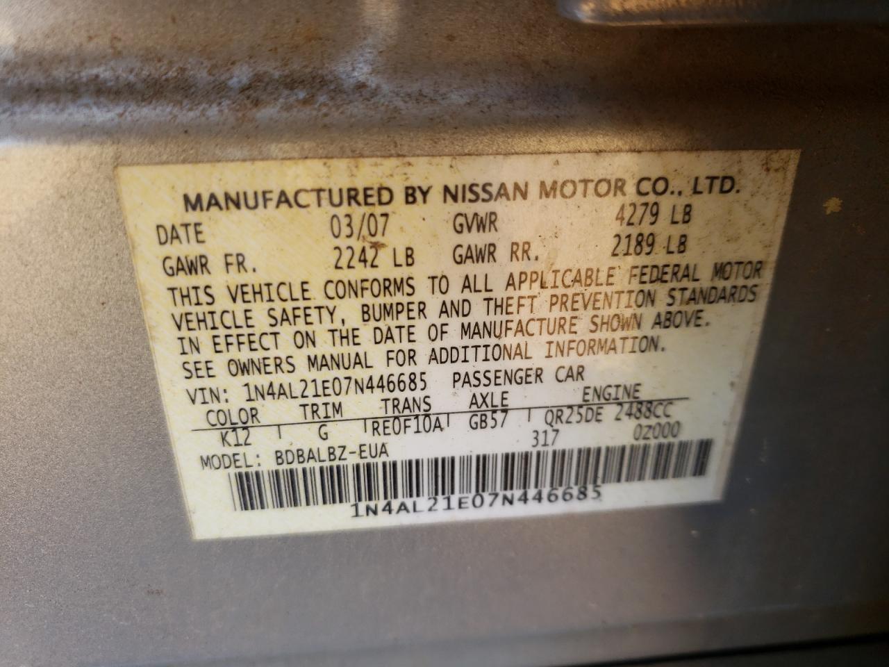 Photo 10 from auction – 2007 NISSAN ALTIMA 2.5 with VIN 1N4AL21E07N446685
