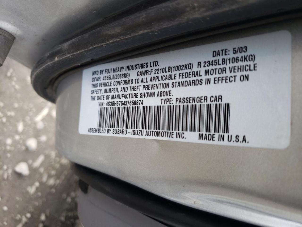 Photo 10 from auction – 2003 SUBARU LEGACY OUT with VIN 4S3BH675437658874