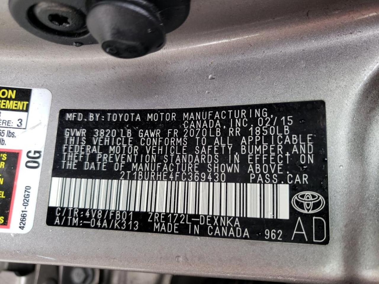 Photo 10 from auction – 2015 TOYOTA COROLLA L with VIN 2T1BURHE4FC369430