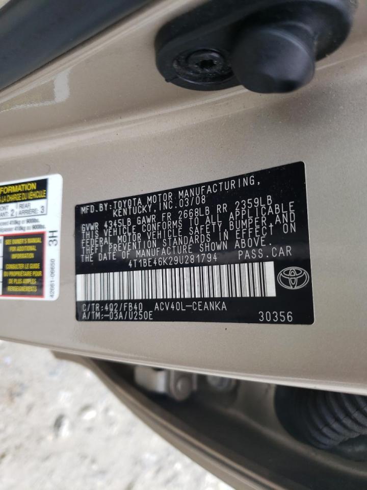 Photo 10 from auction – 2009 TOYOTA CAMRY BASE with VIN 4T1BE46K29U281794