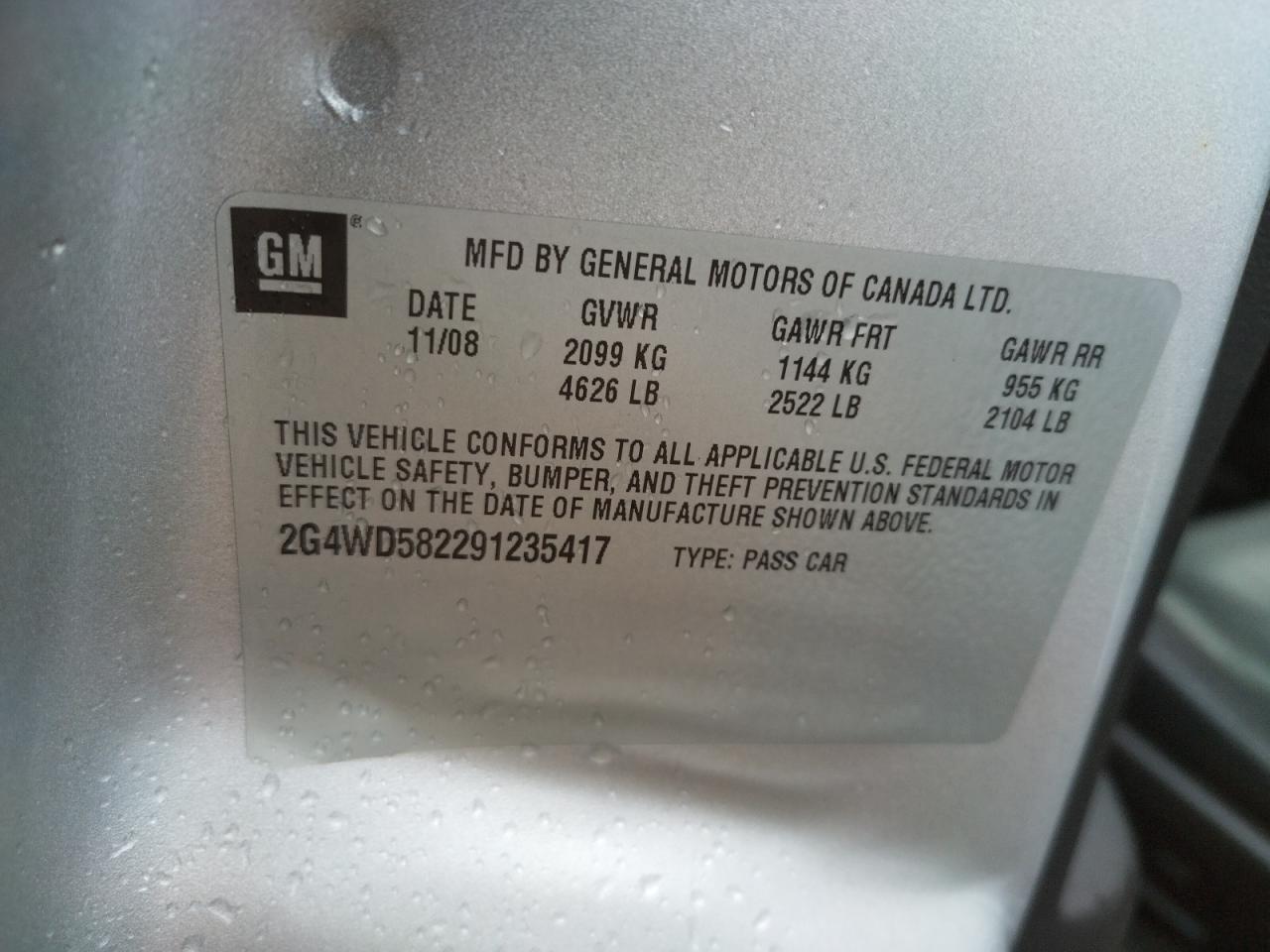 Photo 10 from auction – 2009 BUICK LACROSSE with VIN 2G4WD582291235417