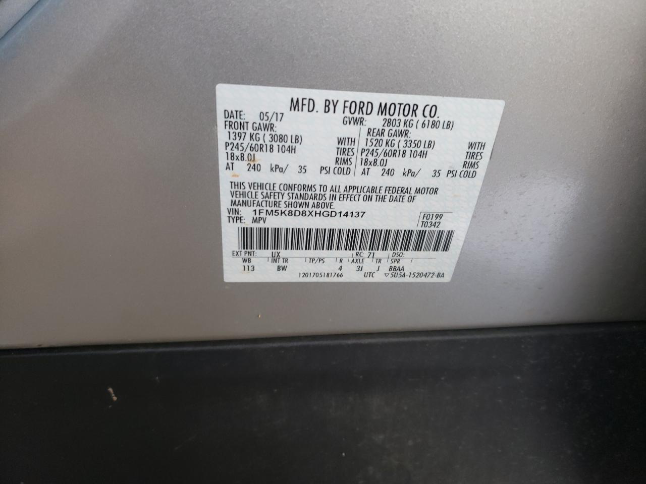 Photo 10 from auction – 2017 FORD EXPLORER X with VIN 1FM5K8D8XHGD14137