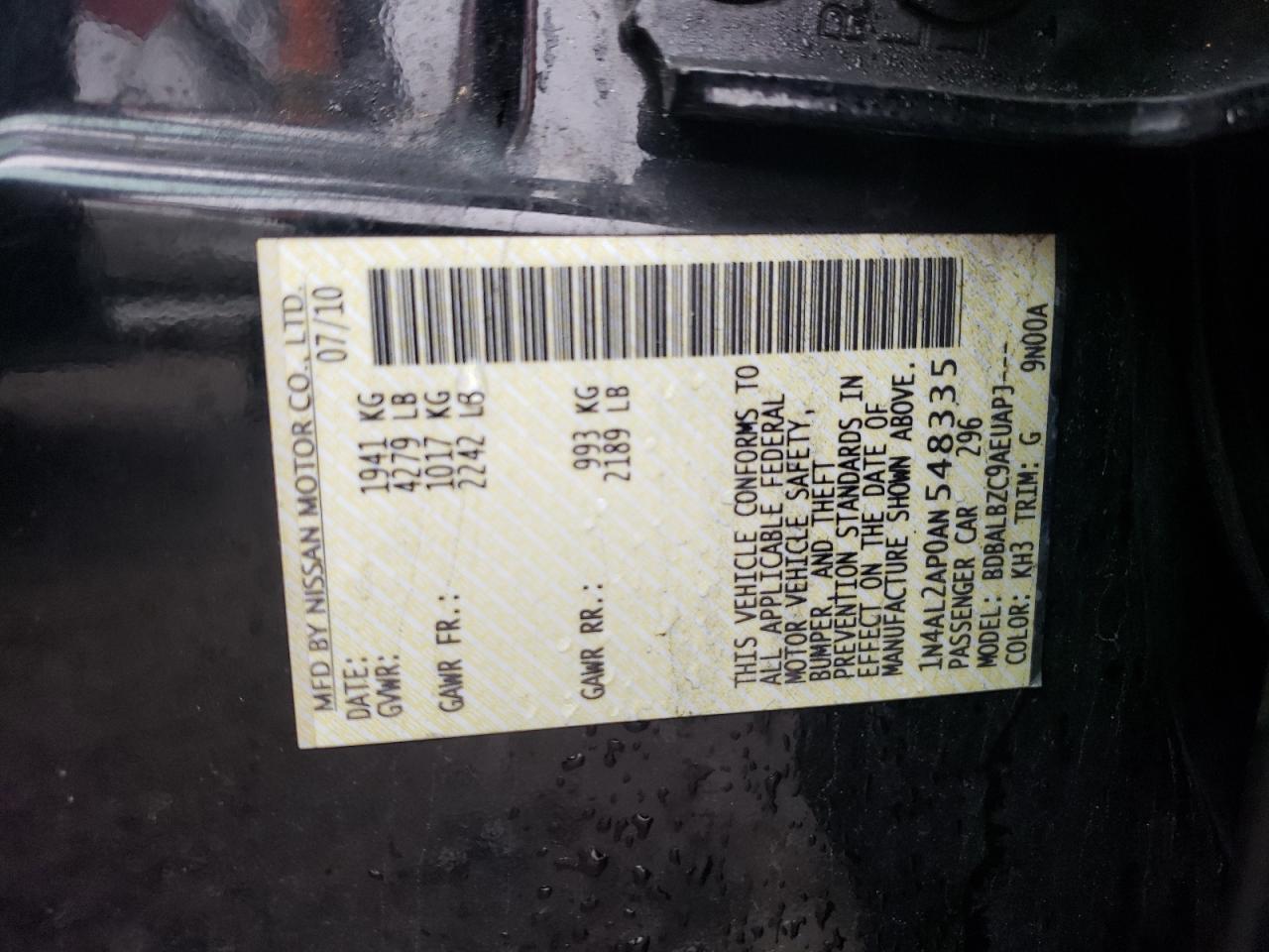 Photo 10 from auction – 2010 NISSAN ALTIMA BAS with VIN 1N4AL2AP0AN548335
