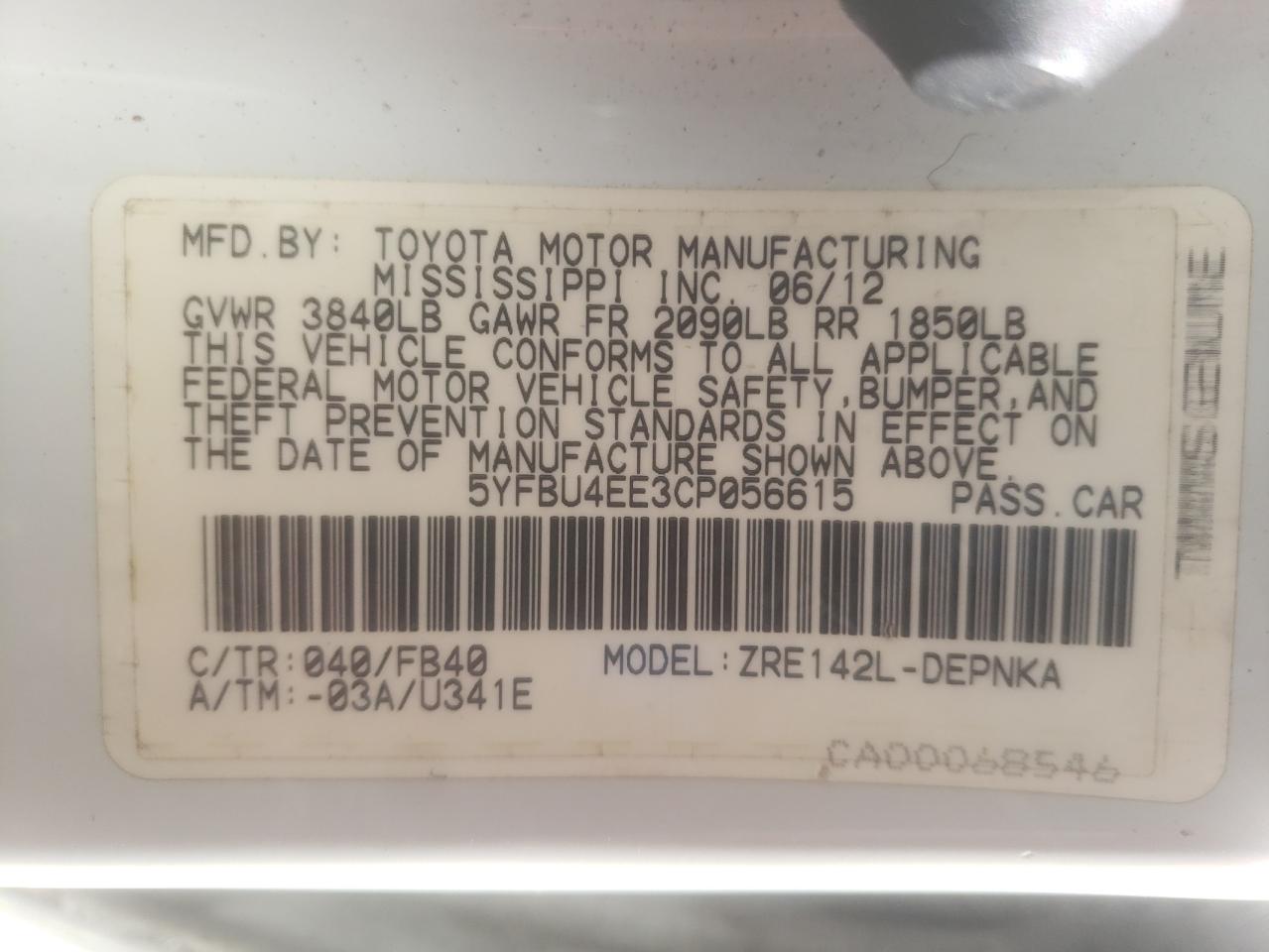 Photo 10 from auction – 2012 TOYOTA COROLLA BA with VIN 5YFBU4EE3CP056615