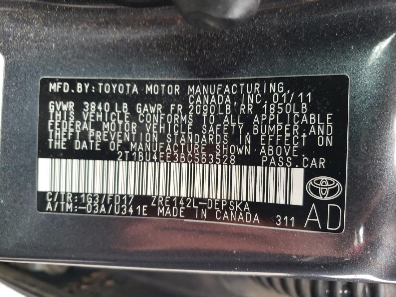 Photo 10 from auction – 2011 TOYOTA COROLLA BA with VIN 2T1BU4EE3BC563528