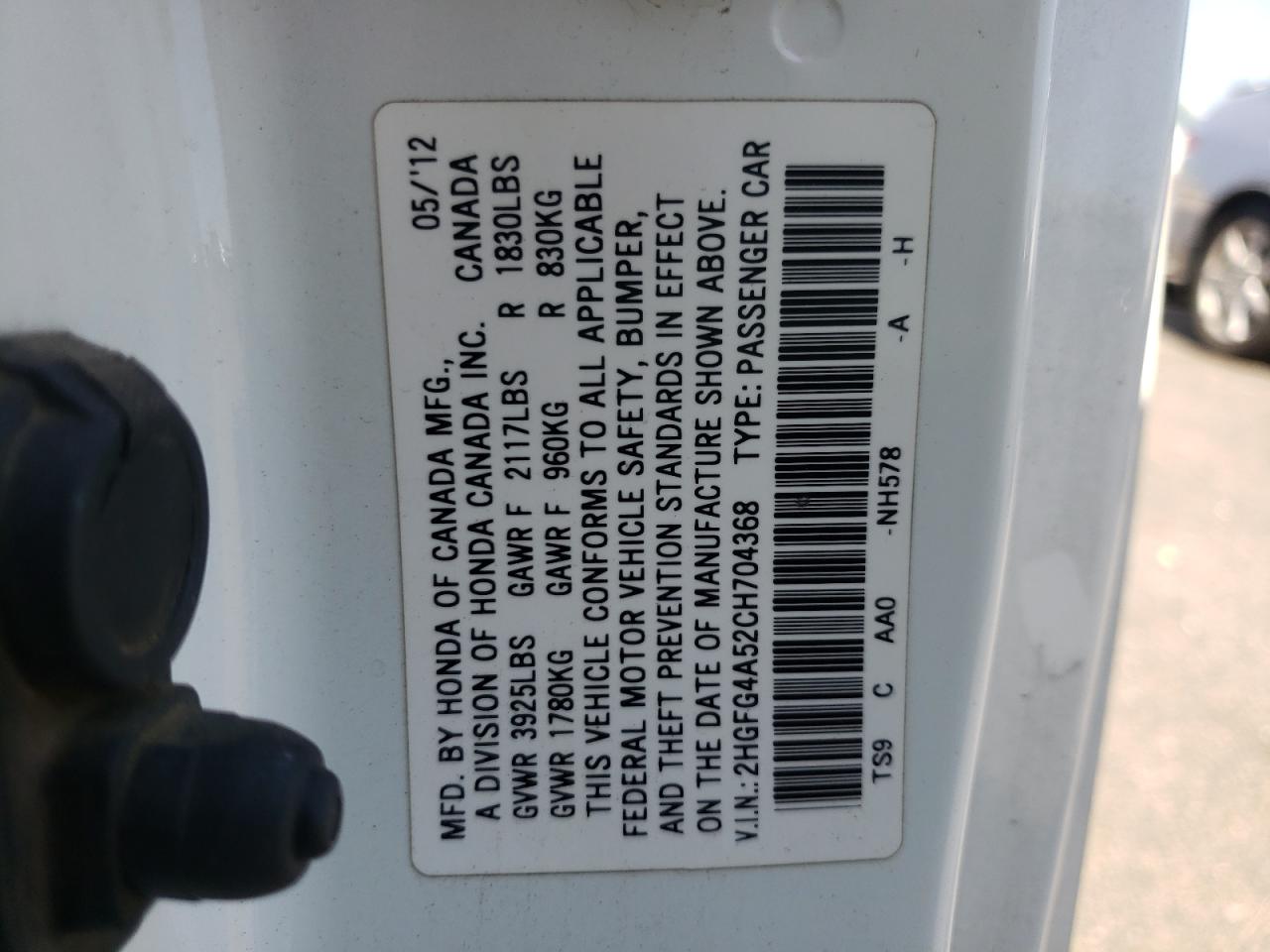 Photo 10 from auction – 2012 HONDA CIVIC SI with VIN 2HGFG4A52CH704368
