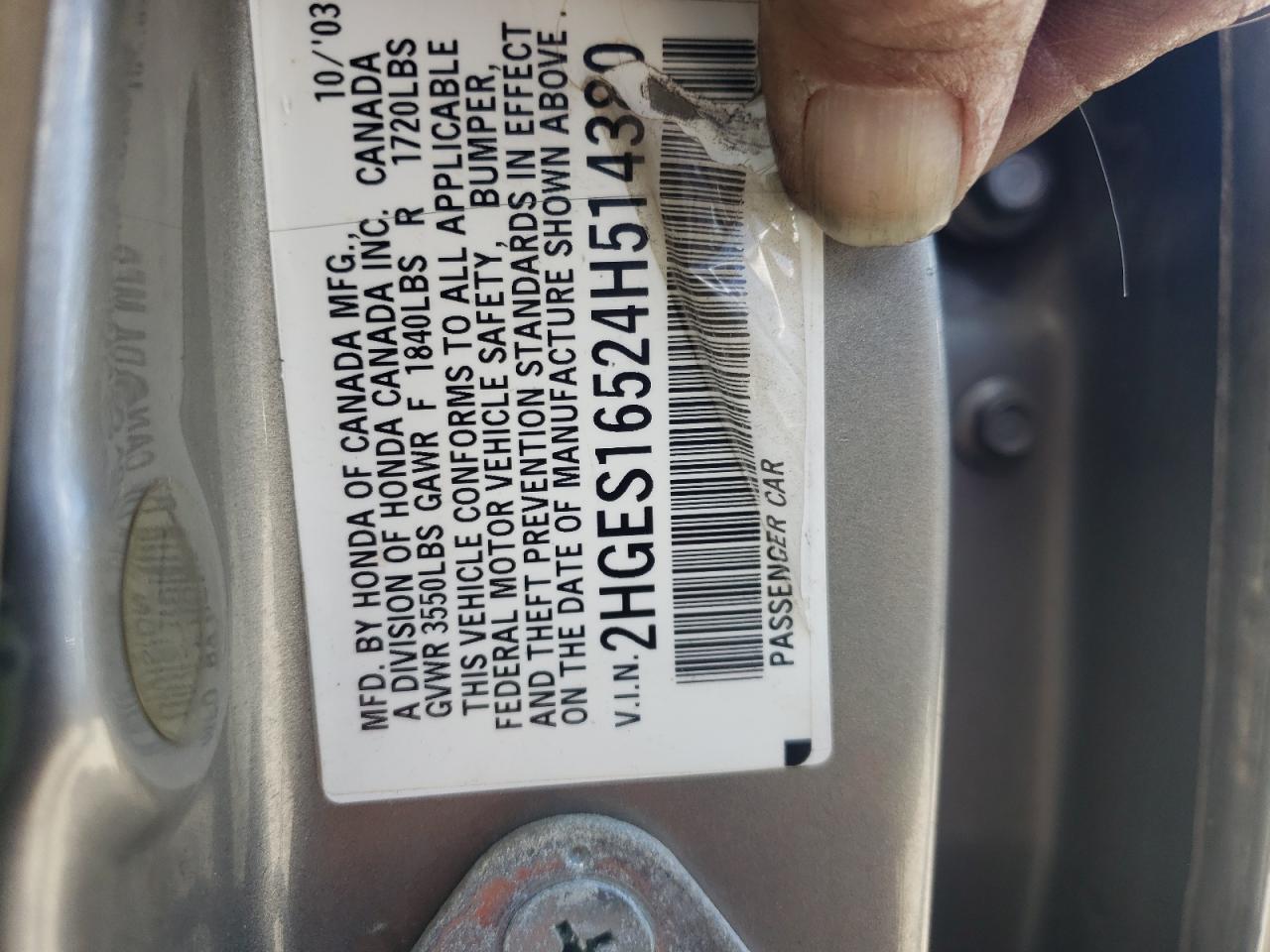 Photo 10 from auction – 2004 HONDA CIVIC LX with VIN 2HGES16524H514380