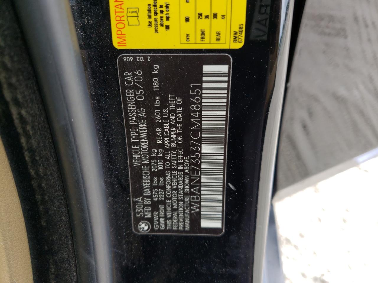 Photo 10 from auction – 2007 BMW 530 I with VIN WBANE73537CM48651
