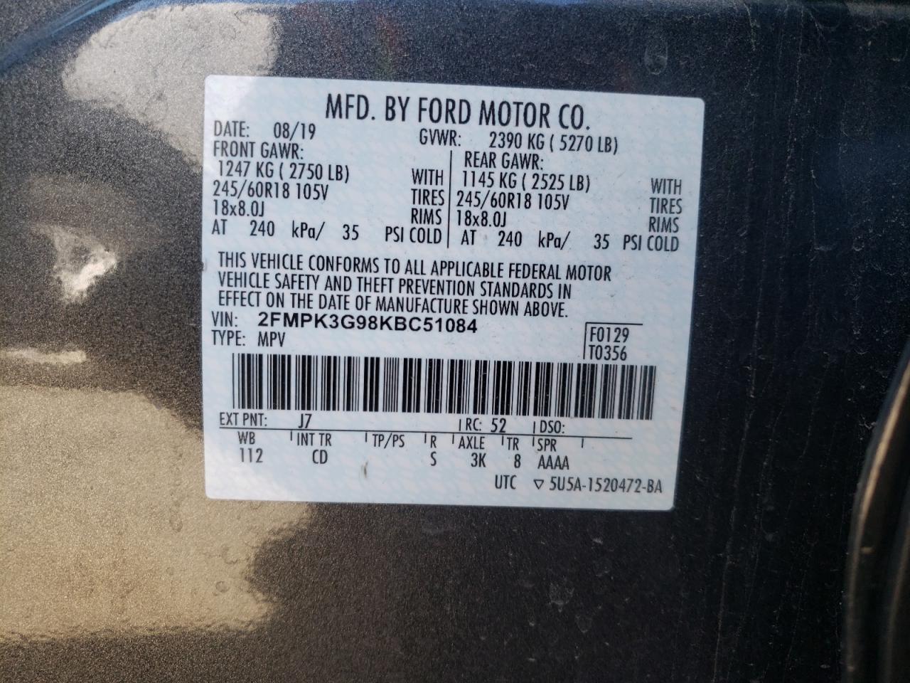 Photo 10 from auction – 2019 FORD EDGE SE with VIN 2FMPK3G98KBC51084