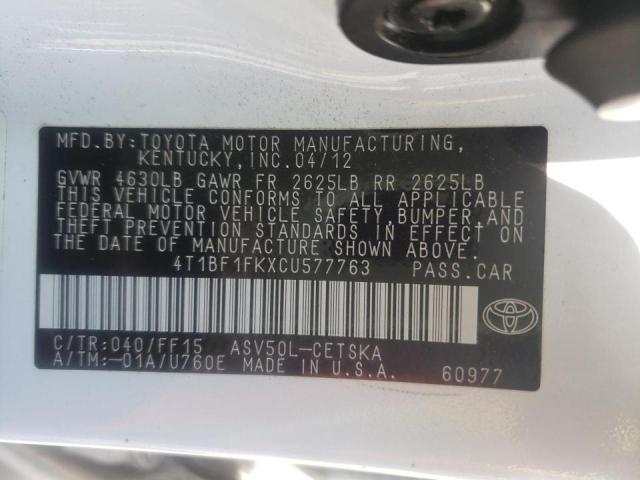 Photo 10 from auction – 2012 TOYOTA CAMRY SE A with VIN 4T1BF1FKXCU577763