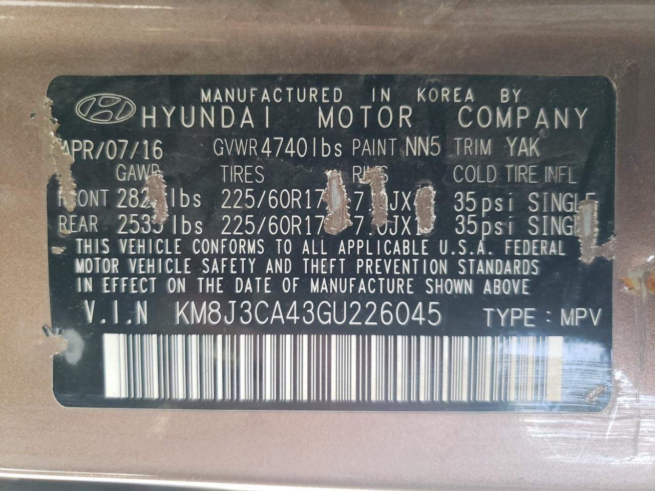Photo 10 from auction – 2016 HYUNDAI TUCSON LIM with VIN KM8J3CA43GU226045