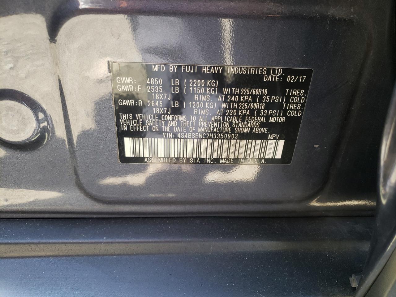 Photo 10 from auction – 2017 SUBARU OUTBACK 3. with VIN 4S4BSENC2H3350903