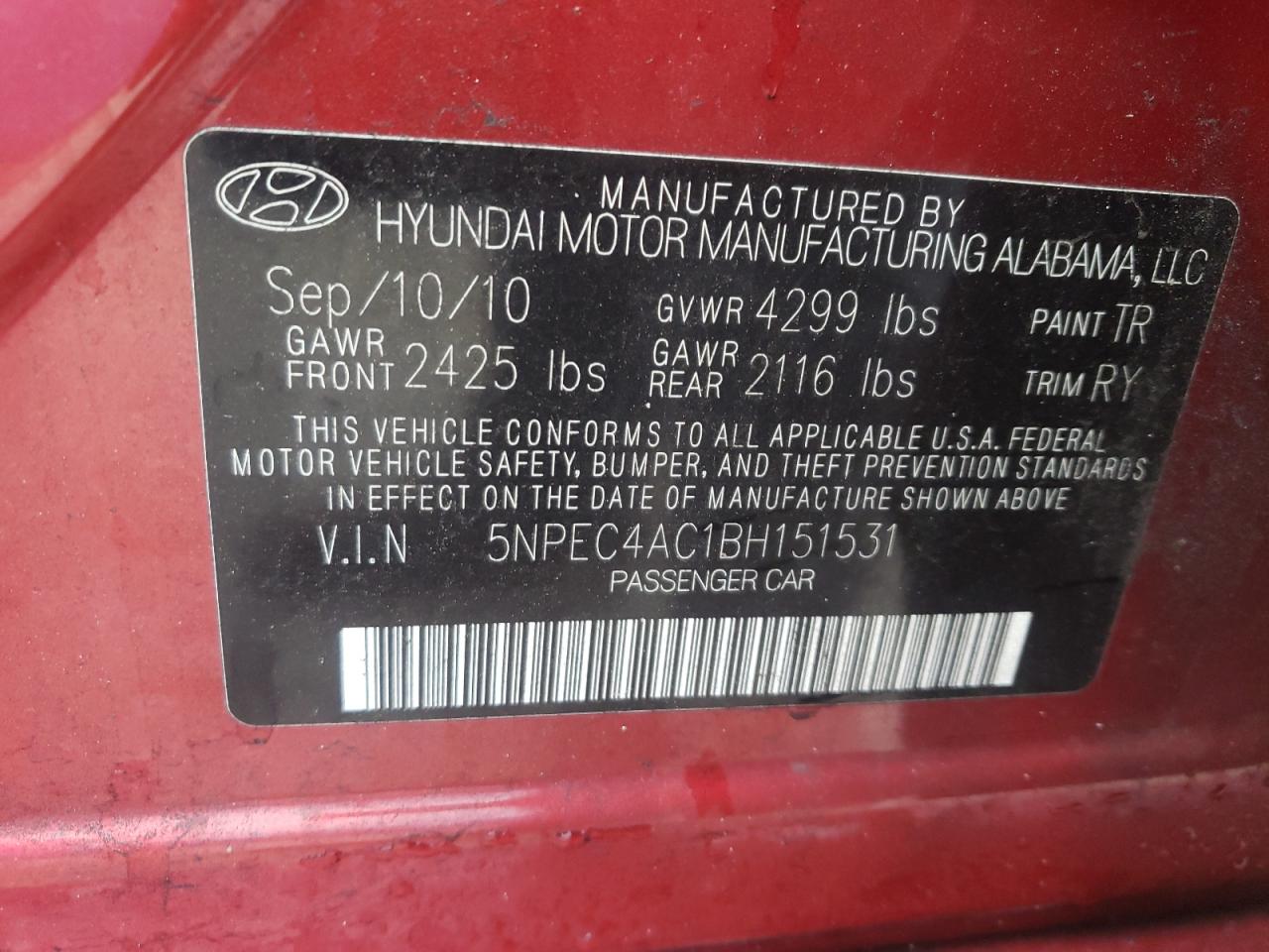 Photo 10 from auction – 2011 HYUNDAI SONATA SE with VIN 5NPEC4AC1BH151531