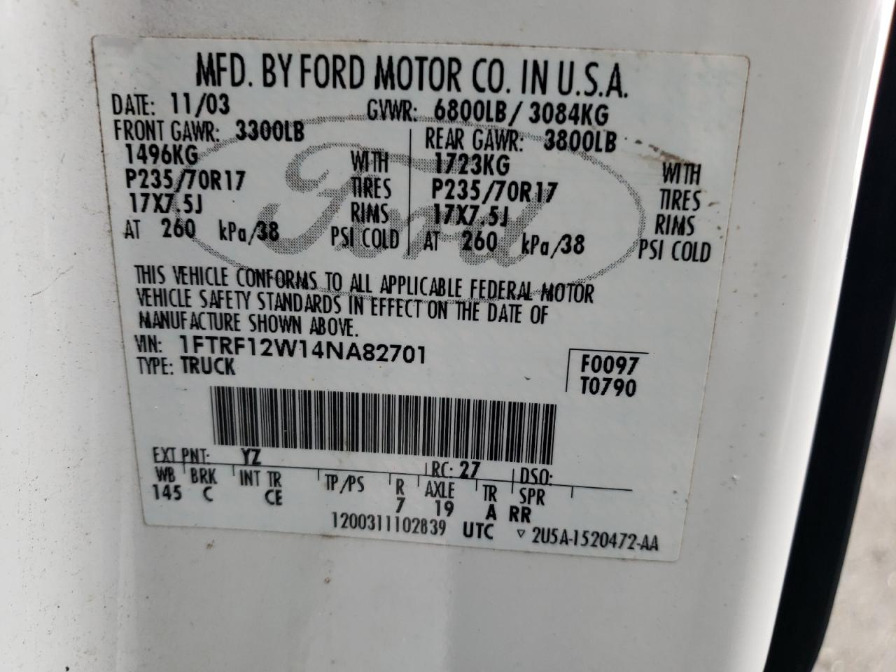 Photo 10 from auction – 2004 FORD F150 with VIN 1FTRF12W14NA82701