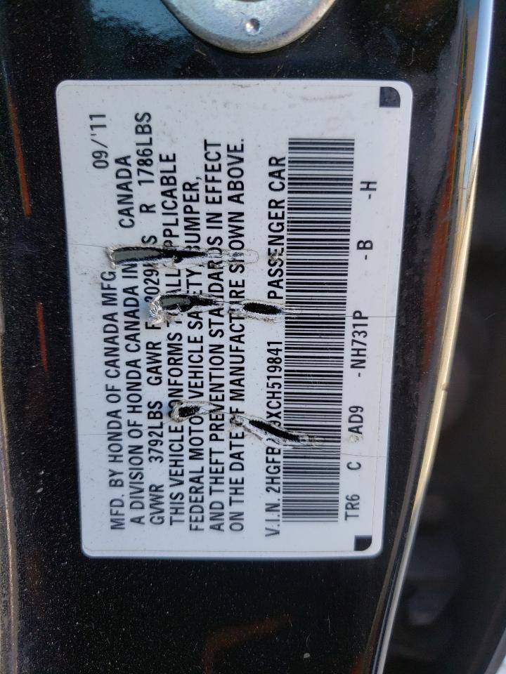 Photo 10 from auction – 2012 HONDA CIVIC EXL with VIN 2HGFB2F9XCH519841