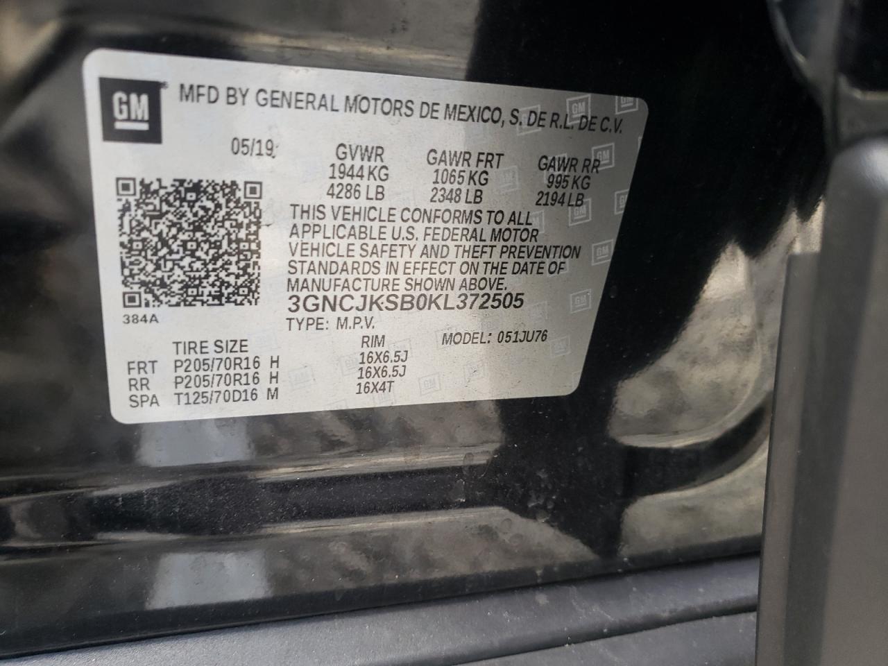 Photo 10 from auction – 2019 CHEVROLET TRAX LS with VIN 3GNCJKSB0KL372505