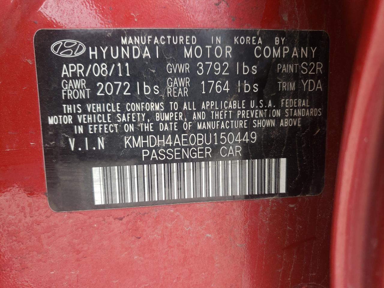 Photo 10 from auction – 2011 HYUNDAI ELANTRA GL with VIN KMHDH4AE0BU150449