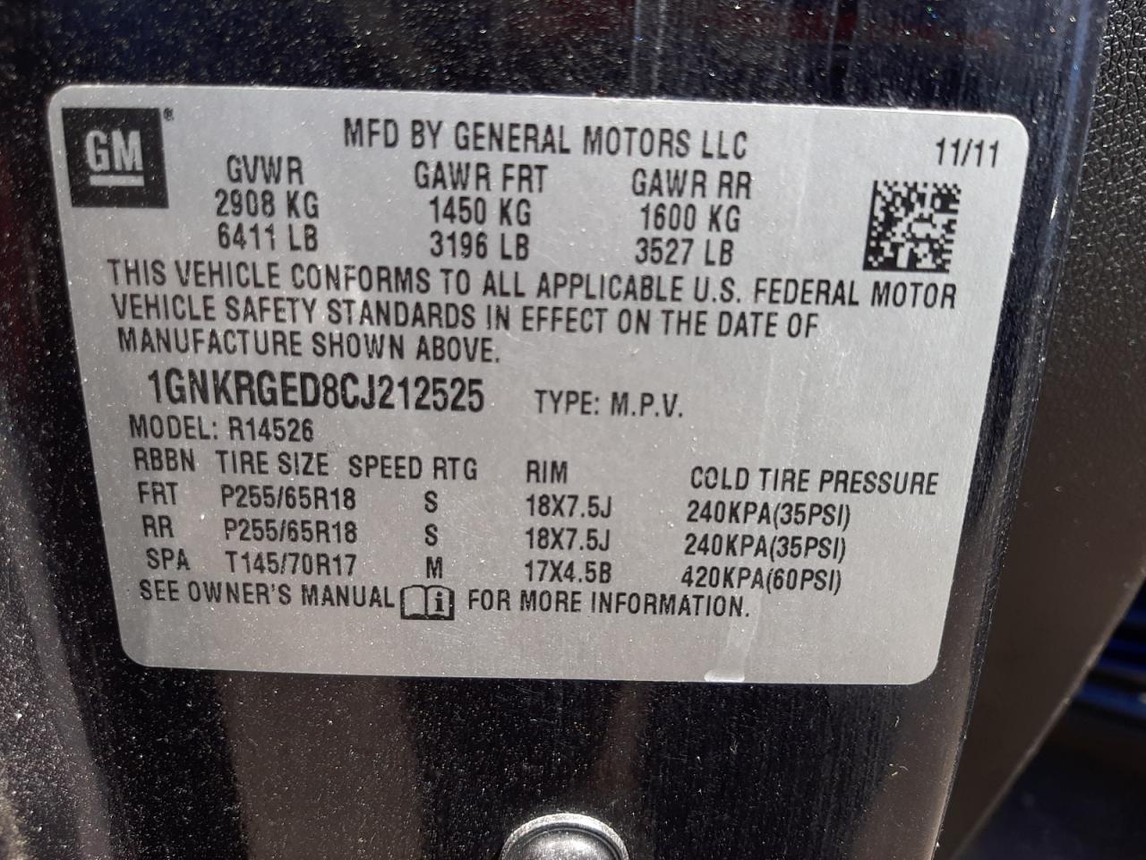 Photo 10 from auction – 2012 CHEVROLET TRAVERSE L with VIN 1GNKRGED8CJ212525