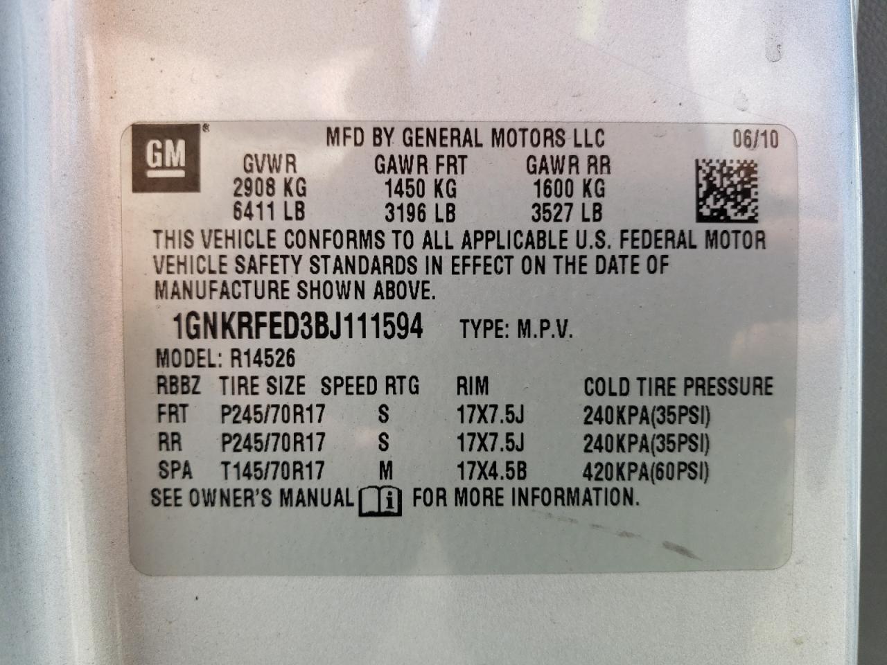 Photo 10 from auction – 2011 CHEVROLET TRAVERSE L with VIN 1GNKRFED3BJ111594