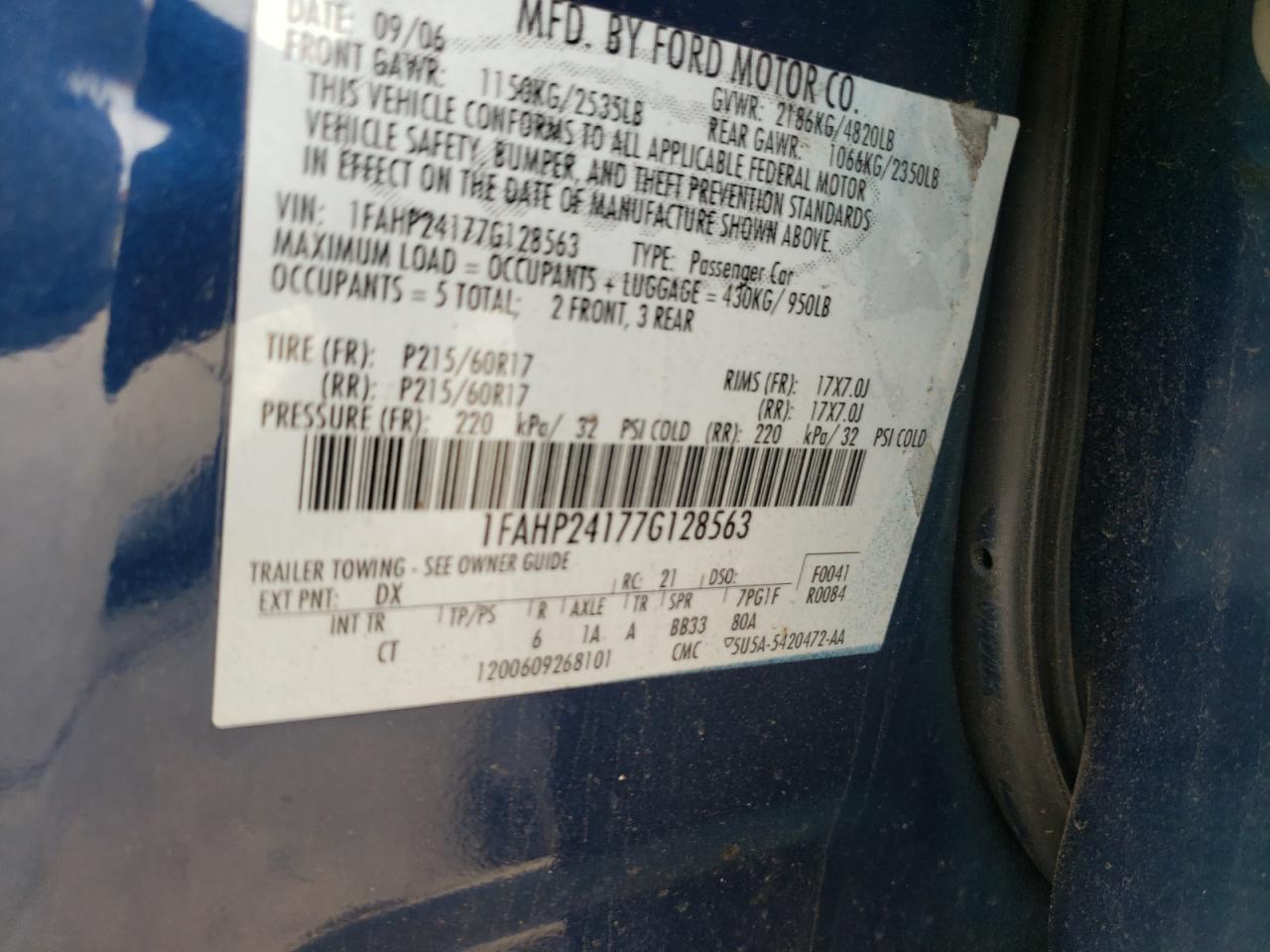 Photo 10 from auction – 2007 FORD FIVE HUNDR with VIN 1FAHP24177G128563
