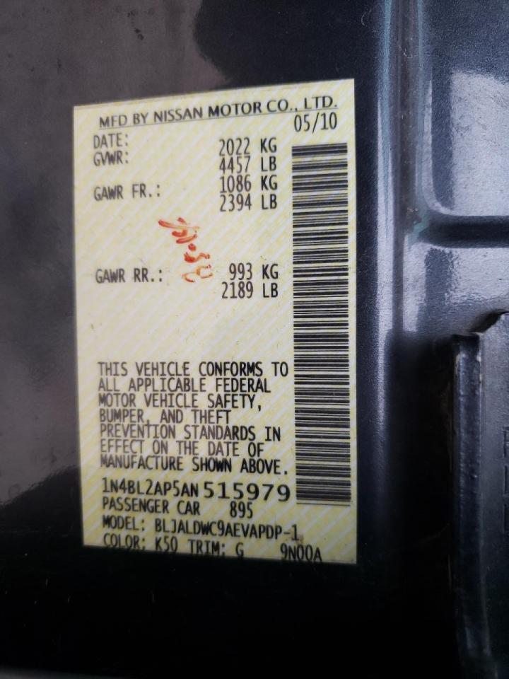 Photo 10 from auction – 2010 NISSAN ALTIMA SR with VIN 1N4BL2AP5AN515979