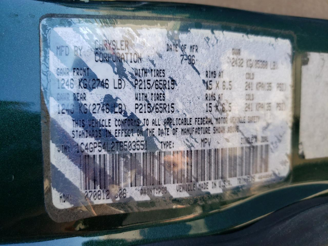 Photo 10 from auction – 1996 CHRYSLER TOWN & COU with VIN 1C4GP54L2TB503551