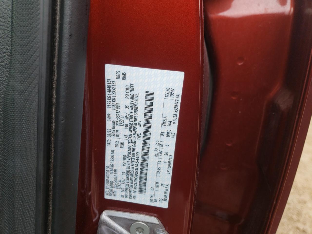 Photo 10 from auction – 2016 FORD ESCAPE SE with VIN 1FMCU9G92GUA54490