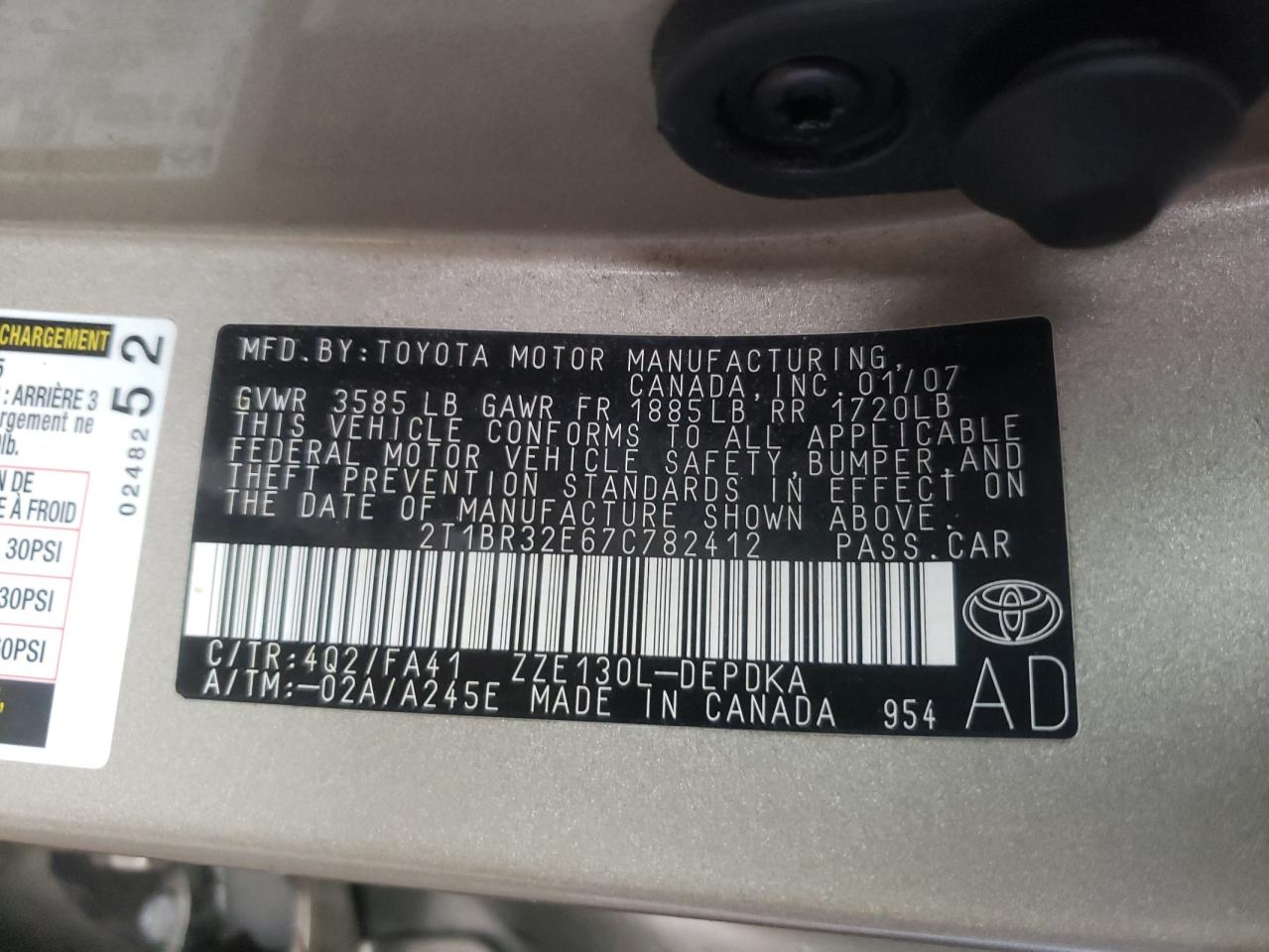 Photo 10 from auction – 2007 TOYOTA COROLLA CE with VIN 2T1BR32E67C782412